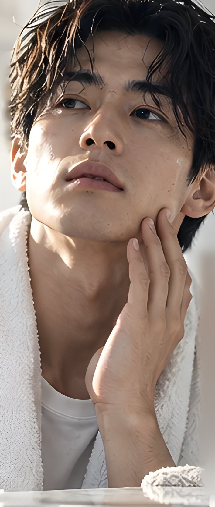 洗顔後、頬に手をあてる男性