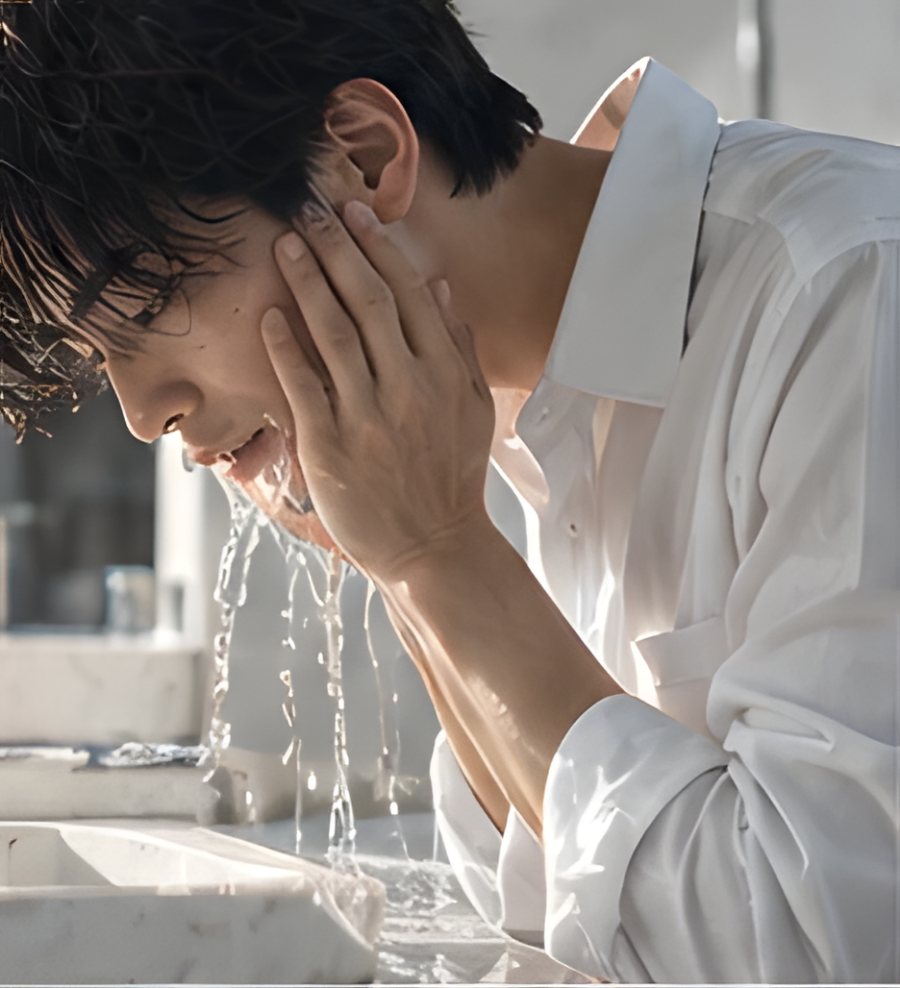 顔を洗う男性